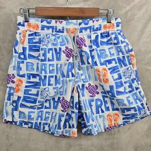 Vilebrequin Men's Swim Trunks Size XL Turtle Flip Flop Print Blue White